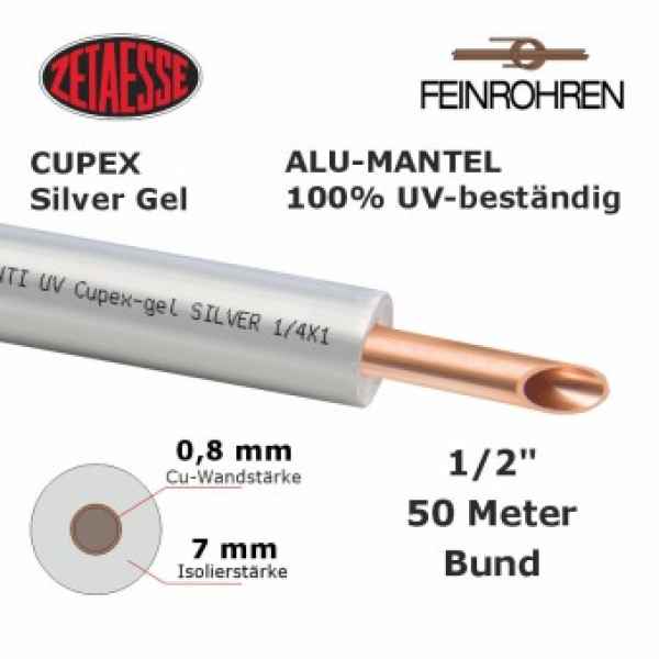 Kupferrohr Cupex Silver Gel Alu-Mantel 100% UV-beständig 1/2"" x 0,8 mm, 7 mm Iso., 50m Rolle